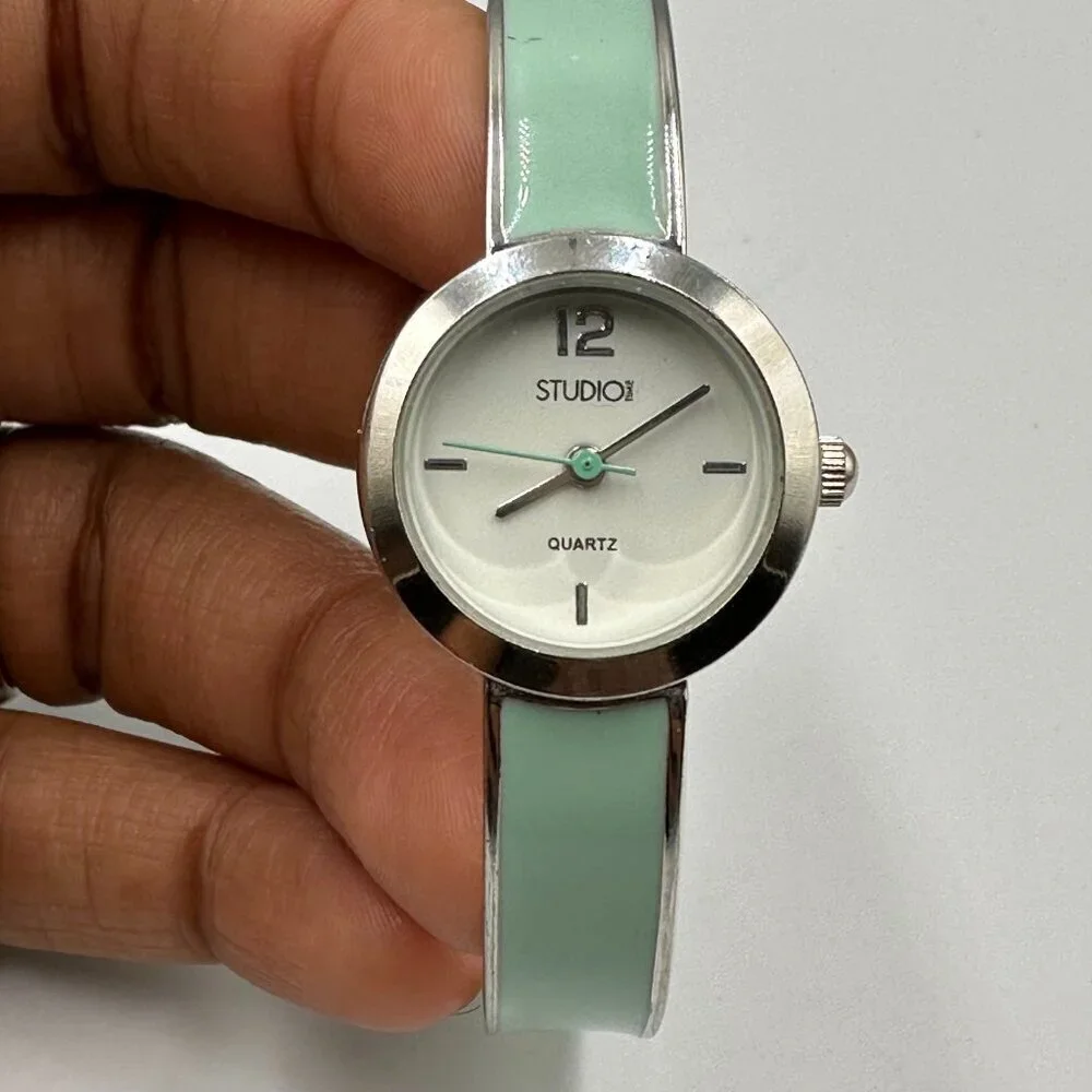 3/$30 Studio Time Watch Women Silver Tone Mint Green Bangle Band New Battery 7